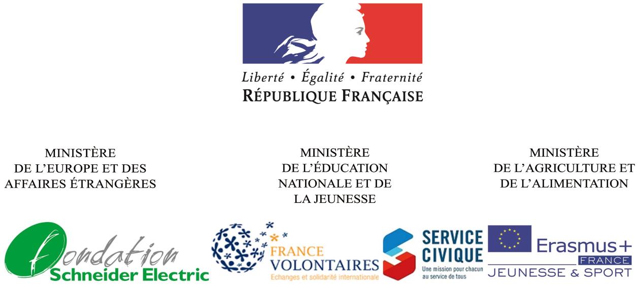 Logo République Française, Logo Fondation Schneider Electric, Logo France Volontaires, Logo Service Civique, Logo Erasmus France