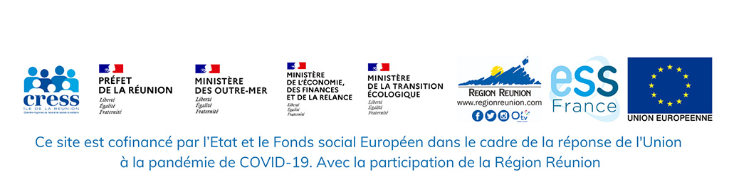 Logo des partenaires financeurs de la CRESS Réunion / L'Etat / Ministère des Outre-Mer / Ministère de l'Economie, des Finances, et de la Relance / Ministère de la Transition Ecologique / Région Réunion / ESS France / Union Européenne