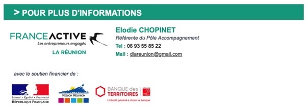 Elodie CHOPINET - Référente du Pôle Accompagnement chez FRANCE ACTIVE - Tél : 06 93 55 85 22 - Mail : dlareunion@gmail.com | Source : CRESS de La Réunion - www.cress-reunion.com