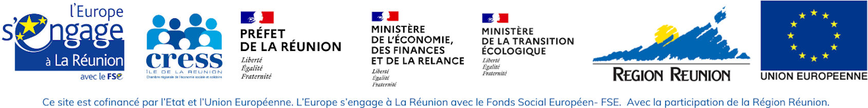 Logo des financeurs - L'Europe s'engage avec le FSE | CRESS de La Réunion | Etat | Ministère de l'Economie, des Finances, et de la Relance | Ministère de la Transition Ecologique | Région Réunion | FEDER
